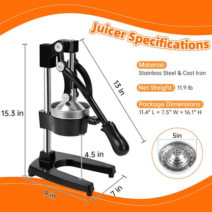 Cast Iron Manual Citrus Juicer Press, Commercial Heavy Duty Cast Iron Fruit Juicer for Home Kitchen,High Juice Yield,Easy to Clean,Wide Application