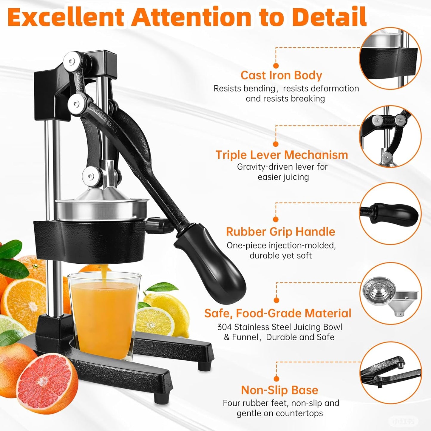 Cast Iron Manual Citrus Juicer Press, Commercial Heavy Duty Cast Iron Fruit Juicer for Home Kitchen,High Juice Yield,Easy to Clean,Wide Application